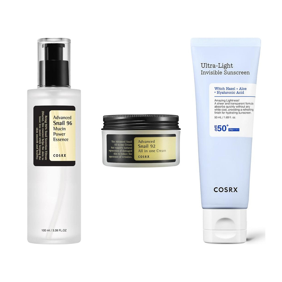COSRX Set rutina cu melc: esență 96, cremă 92 și SPF 50
